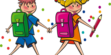 Tegning af dreng og pige elever med skoletasker - Pixabay